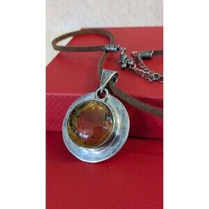 Amber 925 Mexico Marked Silver Pendant With Adjustable Leather And Metal Chain